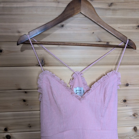 Hello Molly Pink Ruffle V-Neck Mini Dress Crinkle Tiered Flounce Size 6 - Picture 2 of 10